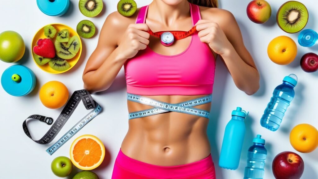 "Illustrate a vibrant fitness-themed scene showing a fit person measuring their slim waist with a measuring tape, surrounded by symbols of health such as fruits, water bottles, and a heart rate monitor. The background is clean and motivational, emphasizing wellness."
Alt Text: A person measuring their slim waist with a tape, surrounded by health symbols like fruits and a heart monitor, promoting the benefits of a healthy lifestyle.