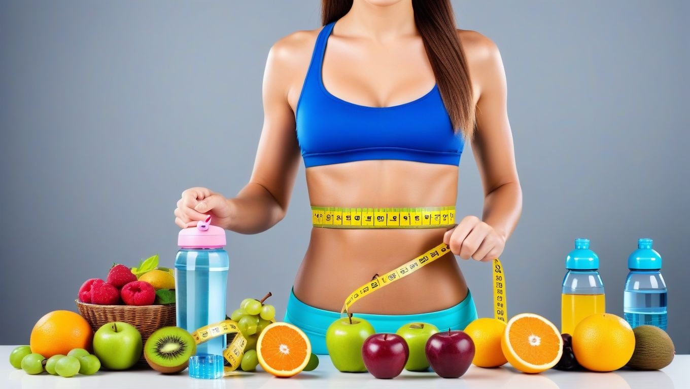 "Illustrate a vibrant fitness-themed scene showing a fit person measuring their slim waist with a measuring tape, surrounded by symbols of health such as fruits, water bottles, and a heart rate monitor. The background is clean and motivational, emphasizing wellness." Alt Text: A person measuring their slim waist with a tape, surrounded by health symbols like fruits and a heart monitor, promoting the benefits of a healthy lifestyle.