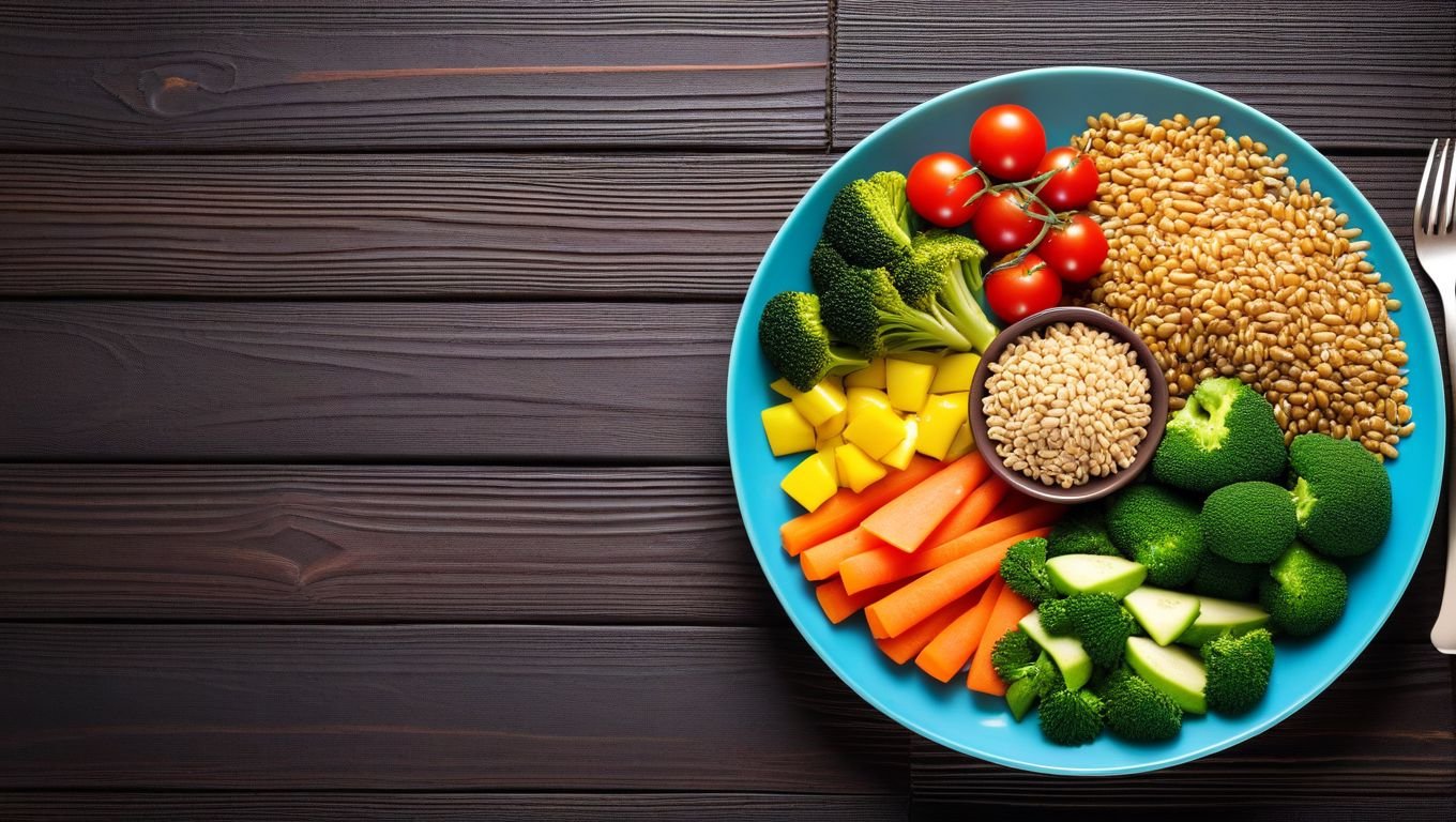 "A colorful plate featuring balanced portions of vegetables, lean protein, and whole grains, illustrating a healthy diet."