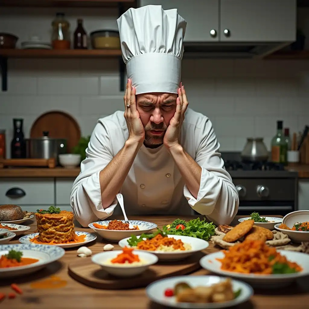 Alt Text: "A frustrated cook in a messy kitchen, surrounded by failed dishes