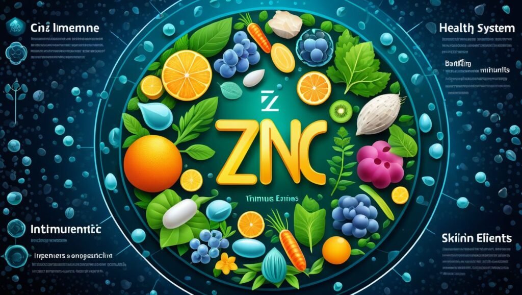 "Zinc for Immune Boost and Skin Health"

Alt Text: "Illustration showing a strong immune system and healthy skin, highlighting the benefits of zinc for immunity and skin health."