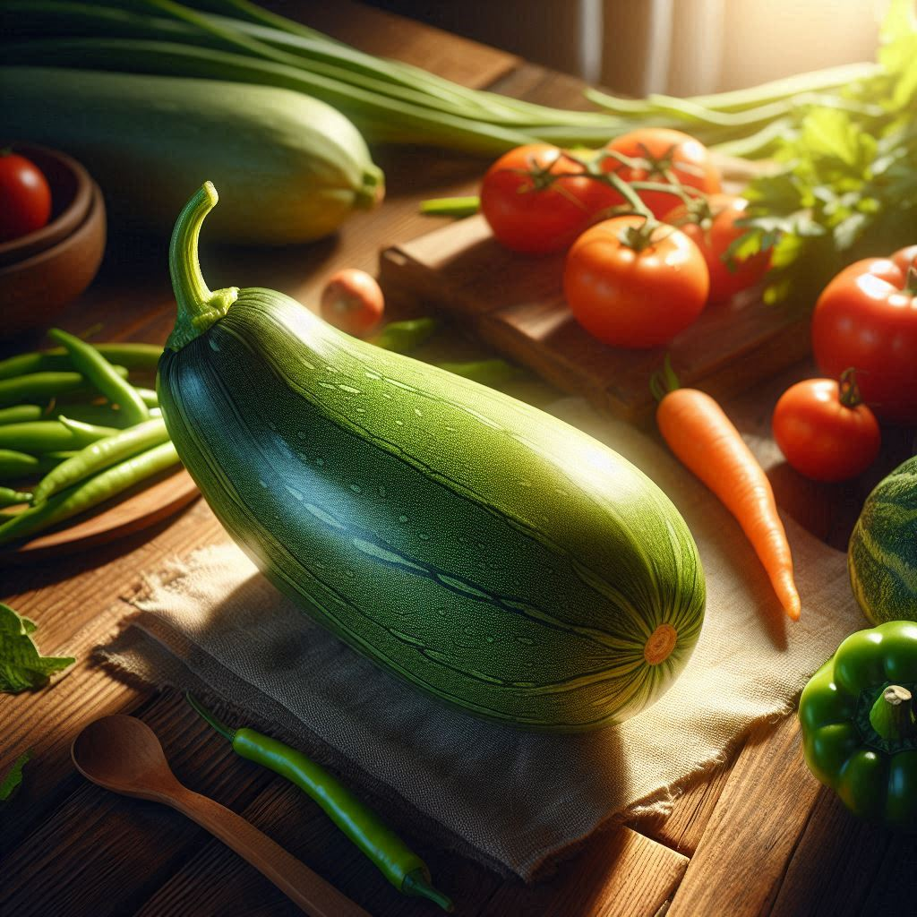 "A vibrant illustration showcasing a bottle gourd with icons representing its health benefits, such as improved digestion, weight loss, and immune support, arranged around the gourd." Alt text: "Bottle gourd with health benefits illustration."