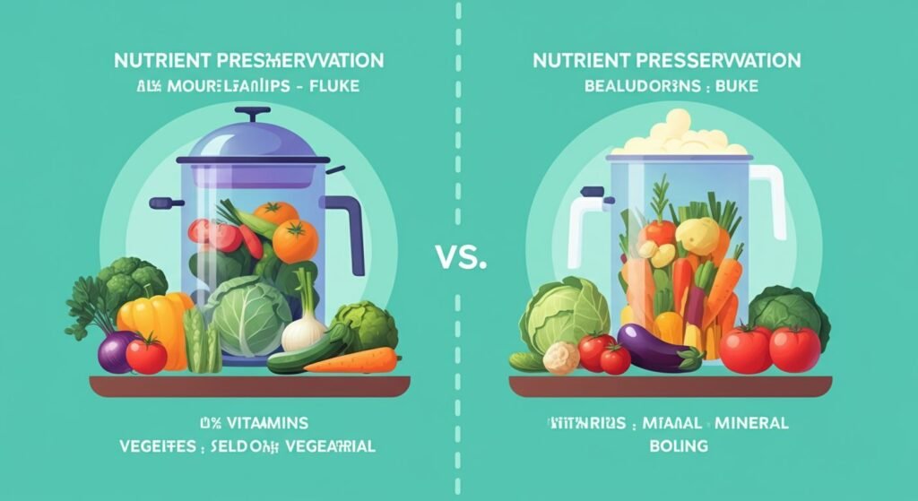 "Illustration comparing nutrient retention in steamed and boiled vegetables, highlighting the benefits of steaming for preserving vitamins and minerals."