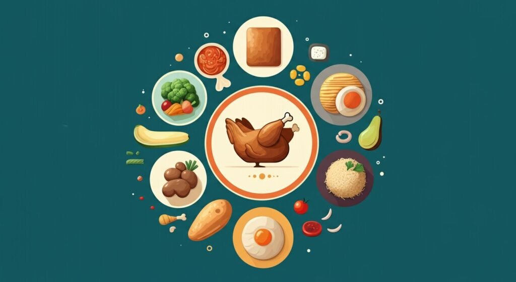 "A colorful illustration showcasing the 10 amazing protein-packed foods that surpass chicken, with each food item represented by an icon or symbol, arranged around a central image of chicken."

