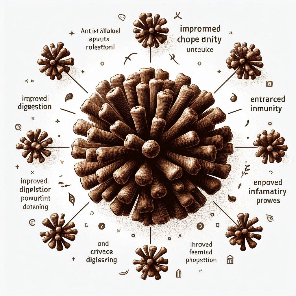 "A digital illustration of 10 cloves arranged in a circular pattern on a white background, each clove detailed with natural brown texture. Surrounding the cloves are annotations highlighting their health benefits like improved digestion, anti-inflammatory properties, and enhanced immunity. The design is minimalist and informative, ideal for health-focused content."