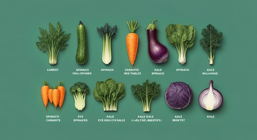 "A vibrant illustration showcasing ten different vegetables, such as carrots, spinach, and kale, each labeled with their eye health benefits, arranged in an appealing layout."

Alt text: "Eye health vegetables illustration."