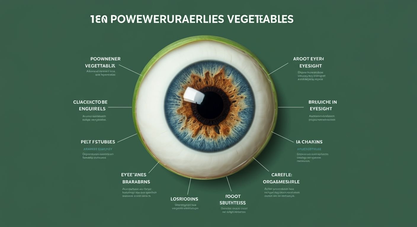 "A detailed infographic highlighting the ten powerful veggies to boost eyesight, featuring images of the vegetables and related health benefits." Alt text: "Infographic on benefits of eye health vegetables."