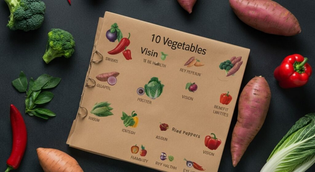 "A colorful chart showing the nutritional profile of ten vegetables, such as sweet potatoes and red peppers, with icons representing their benefits for vision."

Alt text: "Nutritional profile of eye health vegetables chart."