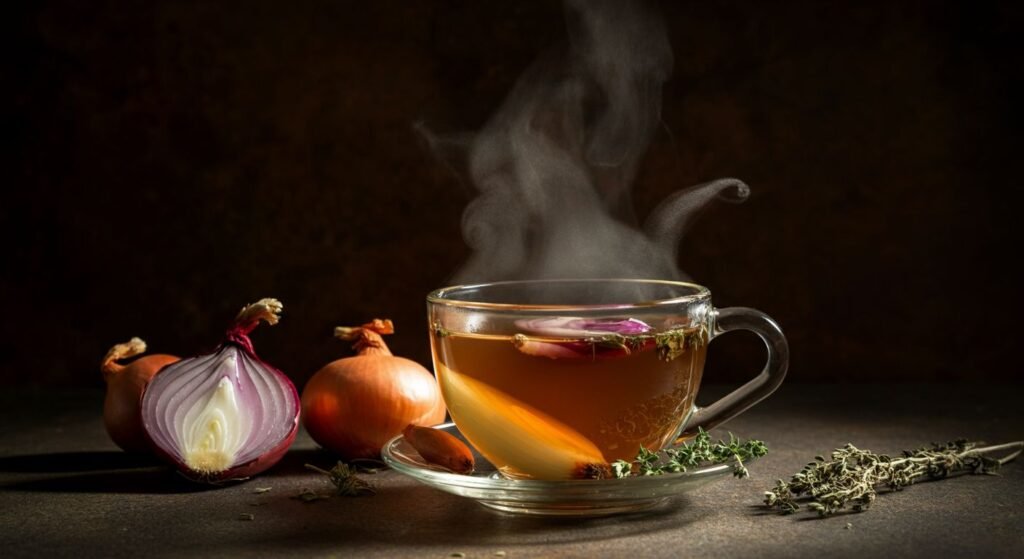 "A steaming cup of onion tea with fresh onions and herbs beside it, showcasing its health benefits."