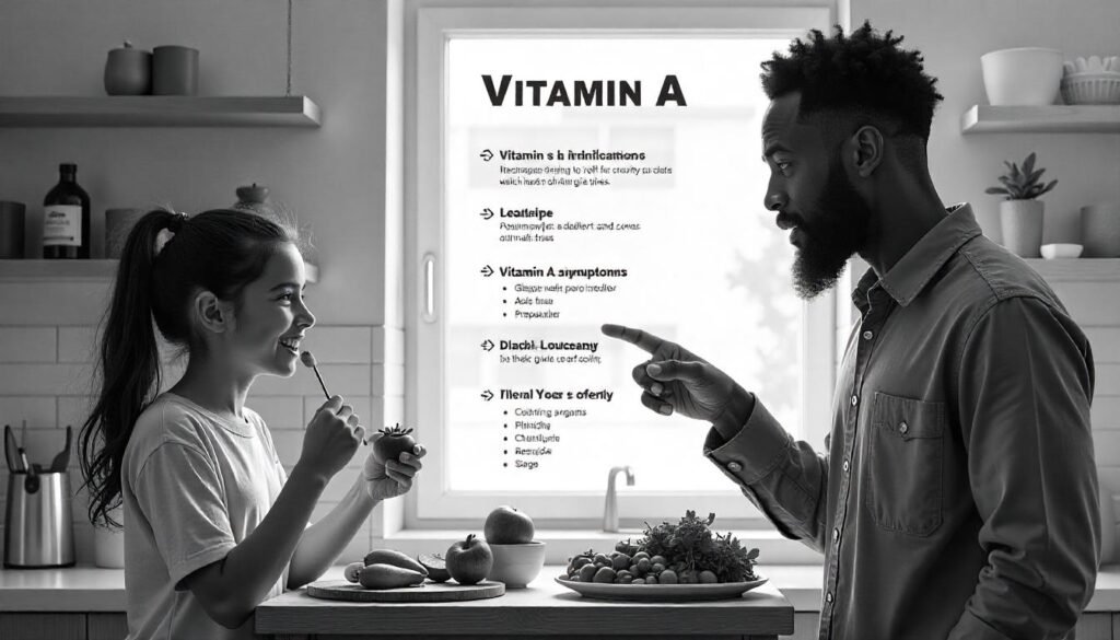 "Vitamin A: Benefits and Risks"

Alt Text: "Illustration showing the benefits of Vitamin A for health and the risks of excessive intake, including symptoms of toxicity."