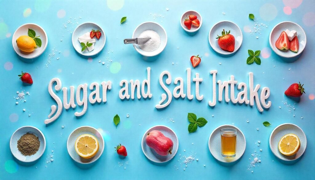 "Illustration of 10 Effective Ways to Control Sugar and Salt Intake"

Alt Text: "Illustration depicting various strategies to control sugar and salt intake, including reading food labels, cooking at home, choosing fresh and whole foods, using herbs and spices, limiting sugary beverages, reducing processed foods, practicing portion control, planning balanced meals, staying hydrated, and seeking professional guidance."