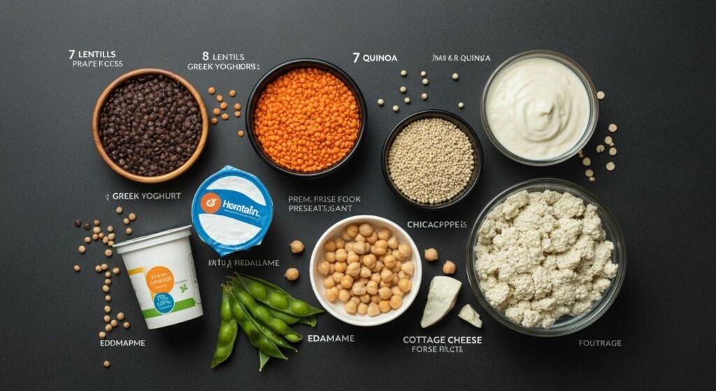 "A detailed infographic highlighting the nutritional profiles of the 7 protein-packed foods, including lentils, quinoa, Greek yogurt, chickpeas, tofu, edamame, and cottage cheese, with visual representations of their health benefits."