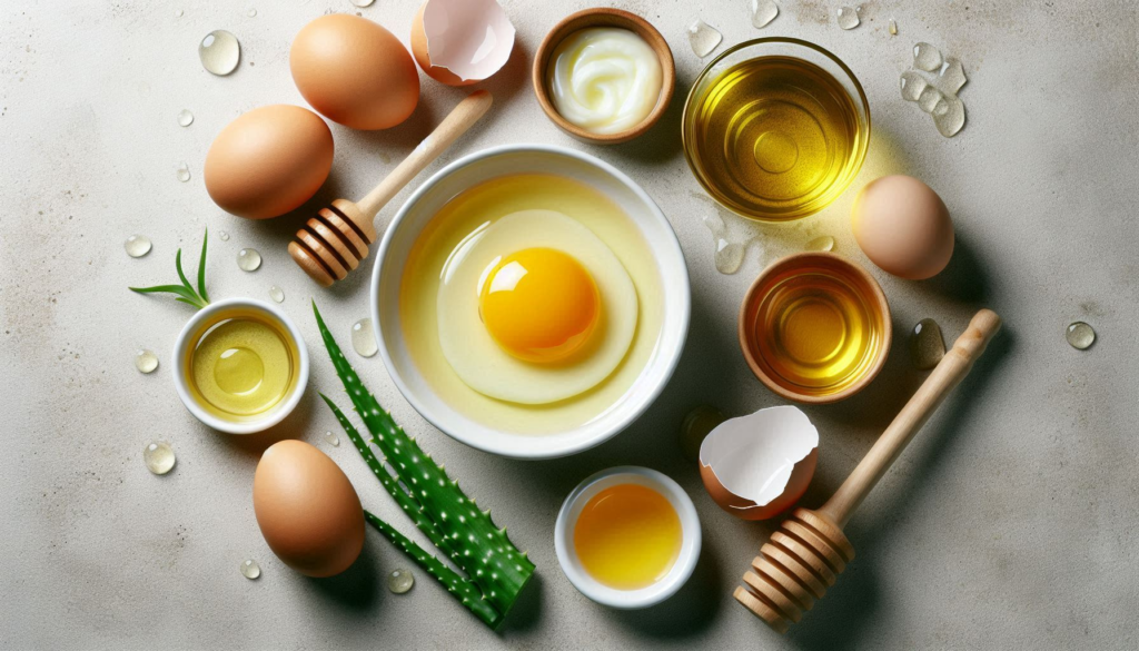 "A close-up of a cracked egg with the yolk separated from the white, placed in a bowl, surrounded by hair care ingredients like honey, olive oil, and aloe vera."
Alt Text:
"Egg yolk separated from egg white in a bowl with natural hair care ingredients like honey and olive oil for hair growth."