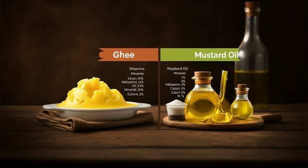 "Nutritional Comparison of Ghee and Mustard Oil"

Alt Text: "Illustration comparing the nutritional profiles of ghee and mustard oil, highlighting the vitamins, minerals, and caloric content of each."