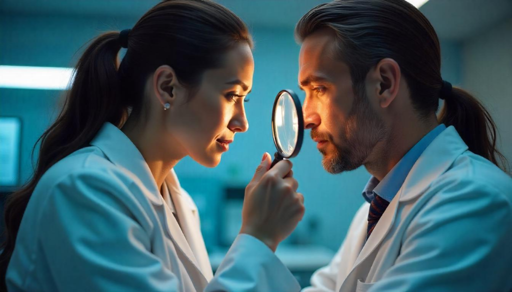 "A dermatologist examining a patient's skin with a magnifying glass, highlighting healthy, glowing skin."