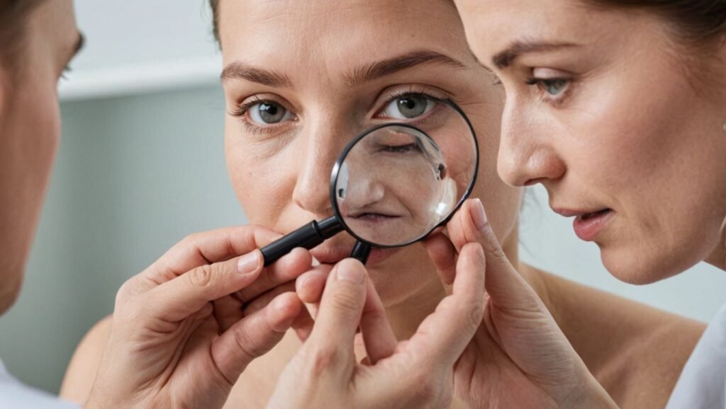 "A dermatologist examining a patient's skin with a magnifying glass, highlighting healthy, glowing skin."