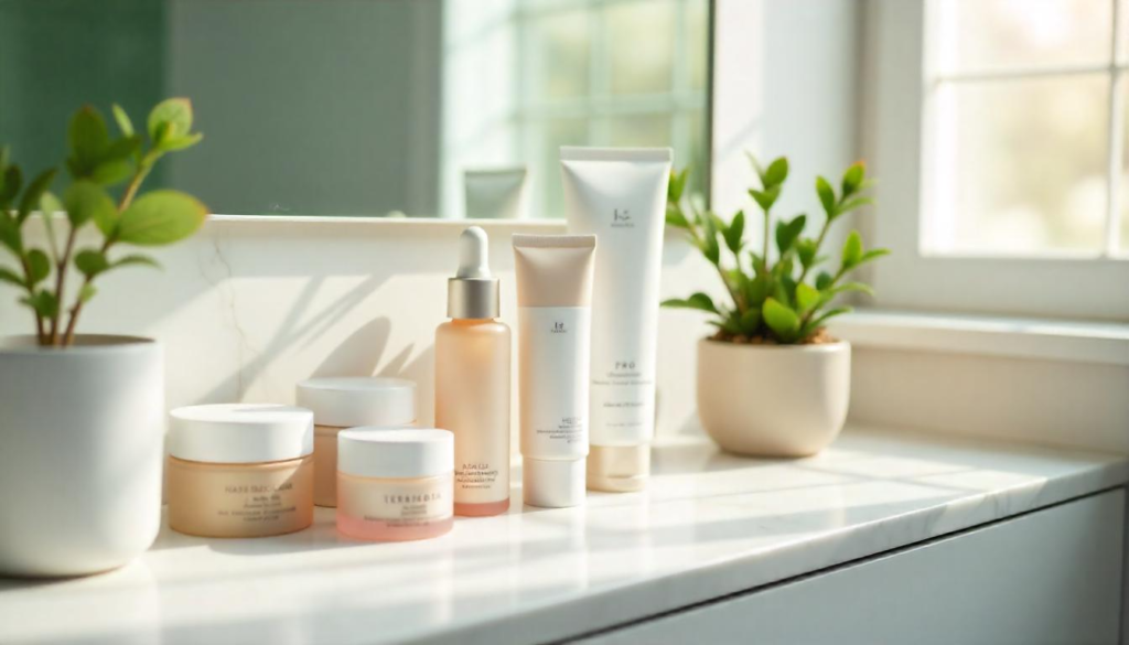 "A collection of skincare products recommended by dermatologists, arranged neatly on a bathroom counter."