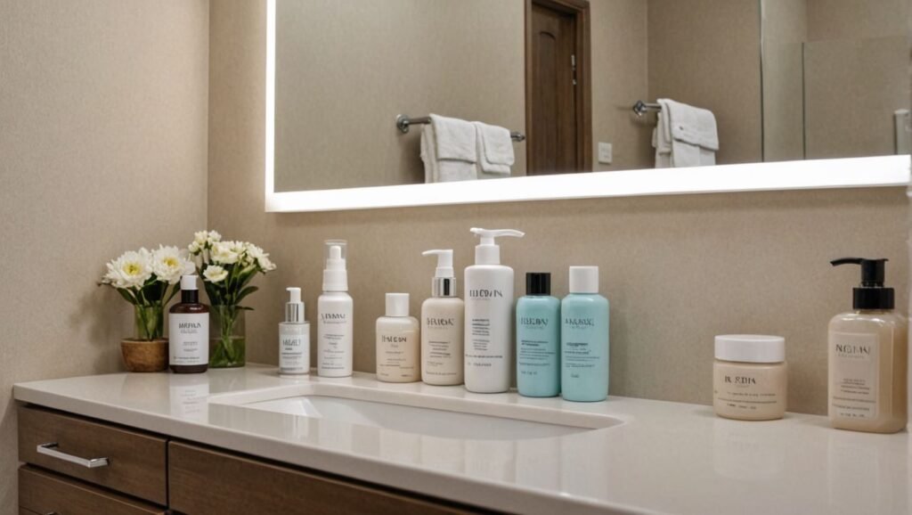 "A collection of skincare products recommended by dermatologists, arranged neatly on a bathroom counter."