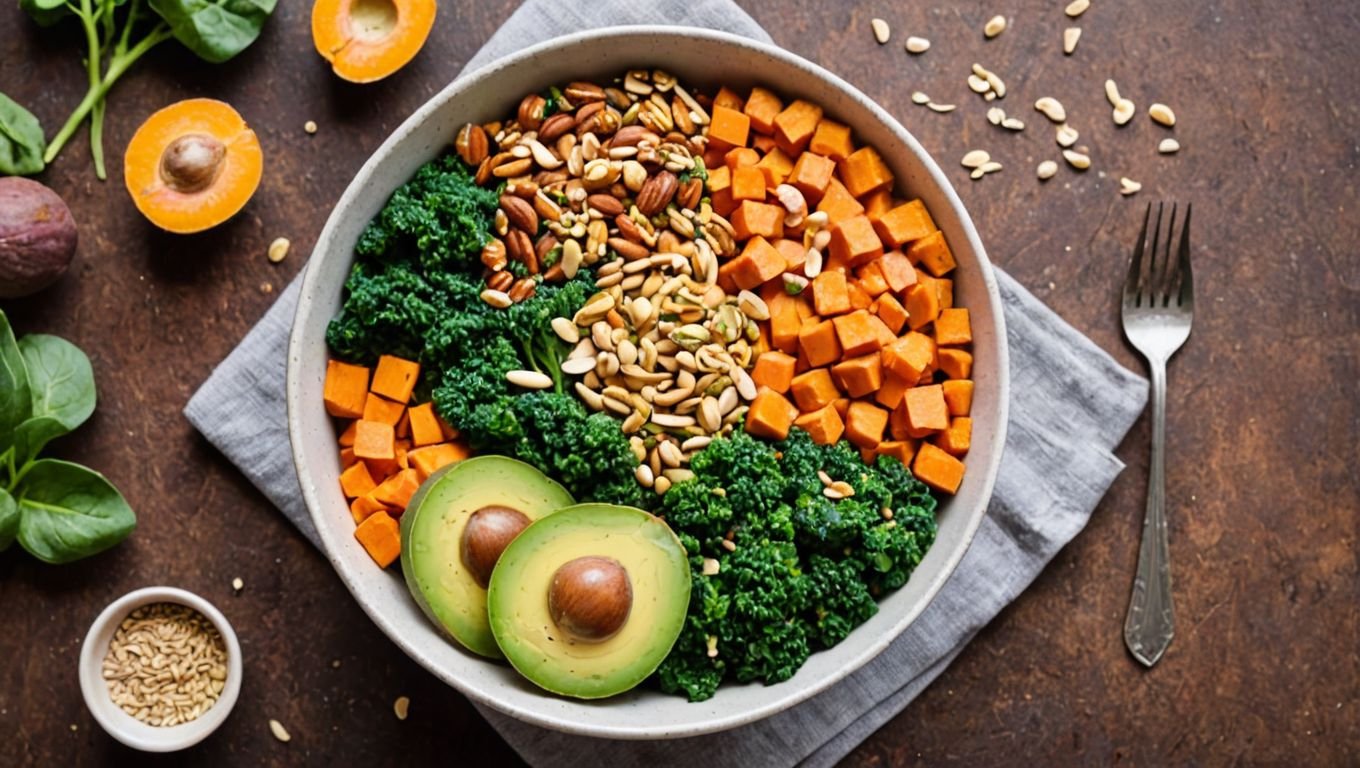 "A vibrant, colorful salad bowl filled with spinach, kale, avocado, broccoli, and sweet potatoes, topped with nuts and seeds, showcasing a mineral-rich meal." Alt Text: "Colorful salad bowl with spinach, kale, avocado, broccoli, and sweet potatoes, packed with essential minerals for wellness."