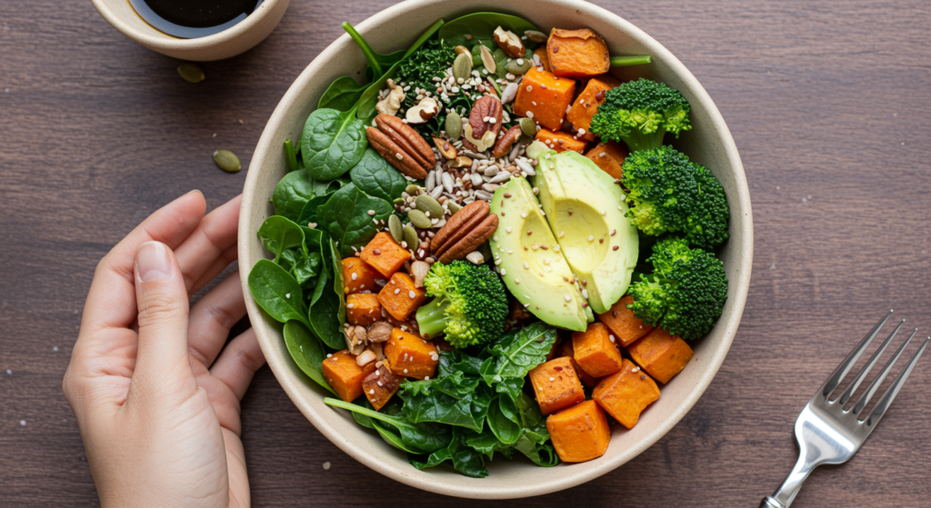 "A vibrant, colorful salad bowl filled with spinach, kale, avocado, broccoli, and sweet potatoes, topped with nuts and seeds, showcasing a mineral-rich meal."
Alt Text:
"Colorful salad bowl with spinach, kale, avocado, broccoli, and sweet potatoes, packed with essential minerals for wellness."