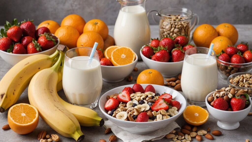 "A close-up of a wooden table with a variety of mineral-rich foods, including bananas, oranges, strawberries, nuts, seeds, and a glass of fortified milk, arranged beautifully."
Alt Text:
"Assortment of mineral-rich foods like bananas, oranges, nuts, and fortified milk, promoting overall wellness."