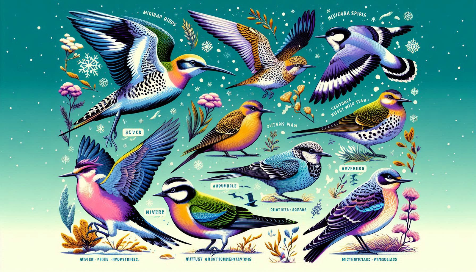 "A vibrant illustration showcasing ten fascinating migratory birds in their winter habitats, each labeled with their species name and a brief description of their unique features." Alt text: "Illustration of ten fascinating migratory birds in winter habitats."