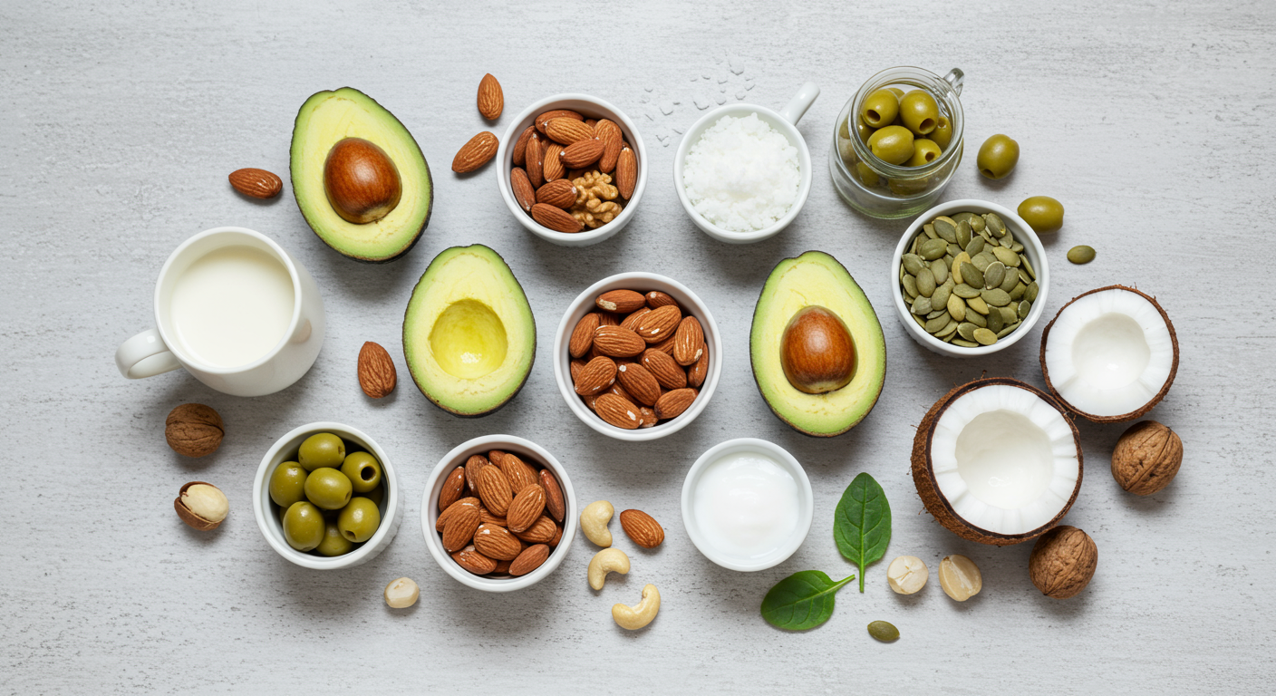 "Illustration of 10 powerful vegetarian fats including avocados, nuts, seeds, olives, and coconut oil."