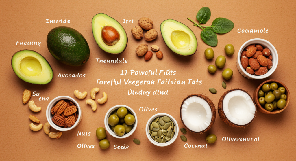 "Illustration of 7 powerful vegetarian fats including avocados, nuts, seeds, olives, and coconut oil."