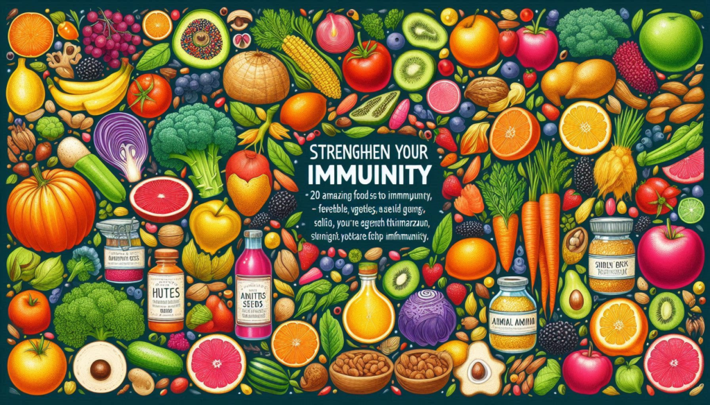 "Illustration of 20 amazing foods to strengthen your immunity, including fruits, vegetables, nuts, and seeds."