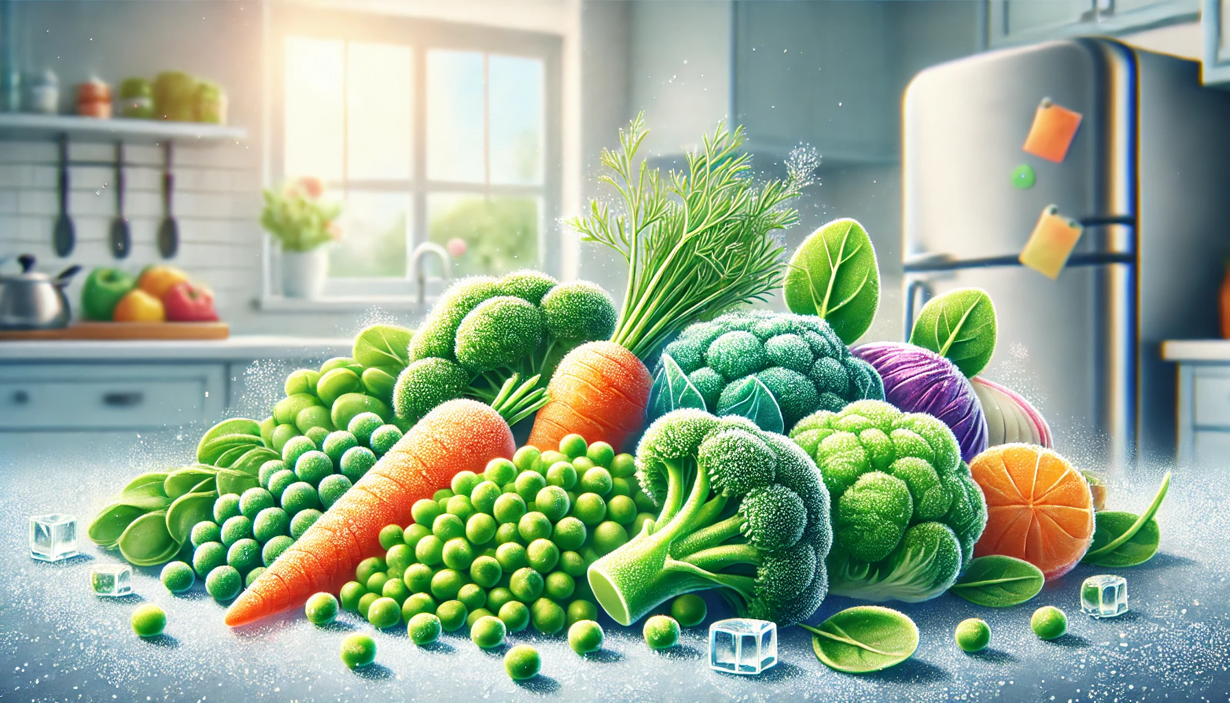 "A vibrant and colorful assortment of frozen vegetables, including broccoli, carrots, peas, and spinach, arranged on a frosty surface with a bright kitchen background, emphasizing their freshness, nutritional value, and sustainability."