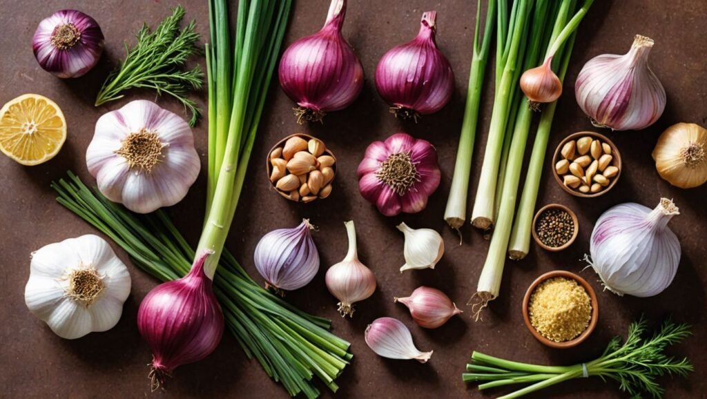 "Illustration of 10 amazing foods to substitute for garlic, including shallots, onions, leeks, chives, fennel, asafoetida, garlic-infused oils, ginger, celery, and horseradish."