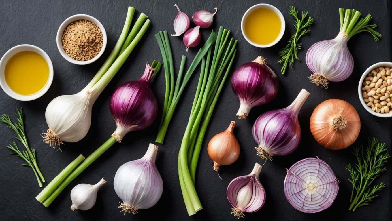 "Illustration of 10 amazing foods to substitute for garlic, including shallots, onions, leeks, chives, fennel, asafoetida, garlic-infused oils, ginger, celery, and horseradish."