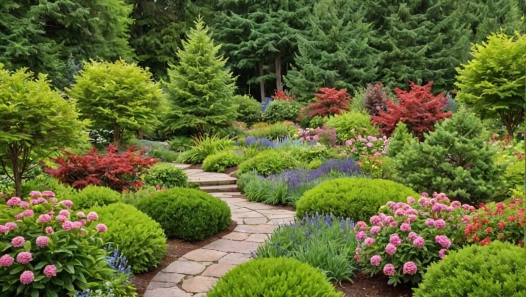 A lush garden landscape with layered plantings, evergreen trees, flowering plants, and berry-producing plants, creating a bird-friendly environment."

Alt text: "Bird-friendly garden with diverse plantings, evergreen trees, flowering plants, and berry-producing plants."