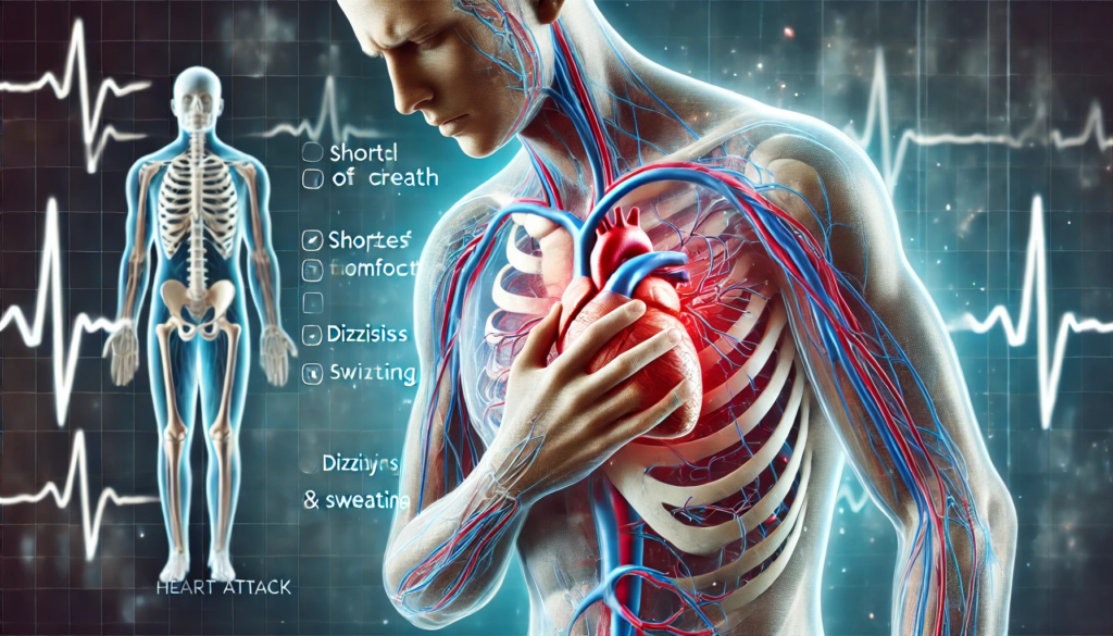 Heart Attack: A medical illustration showing a human figure experiencing heart attack symptoms.