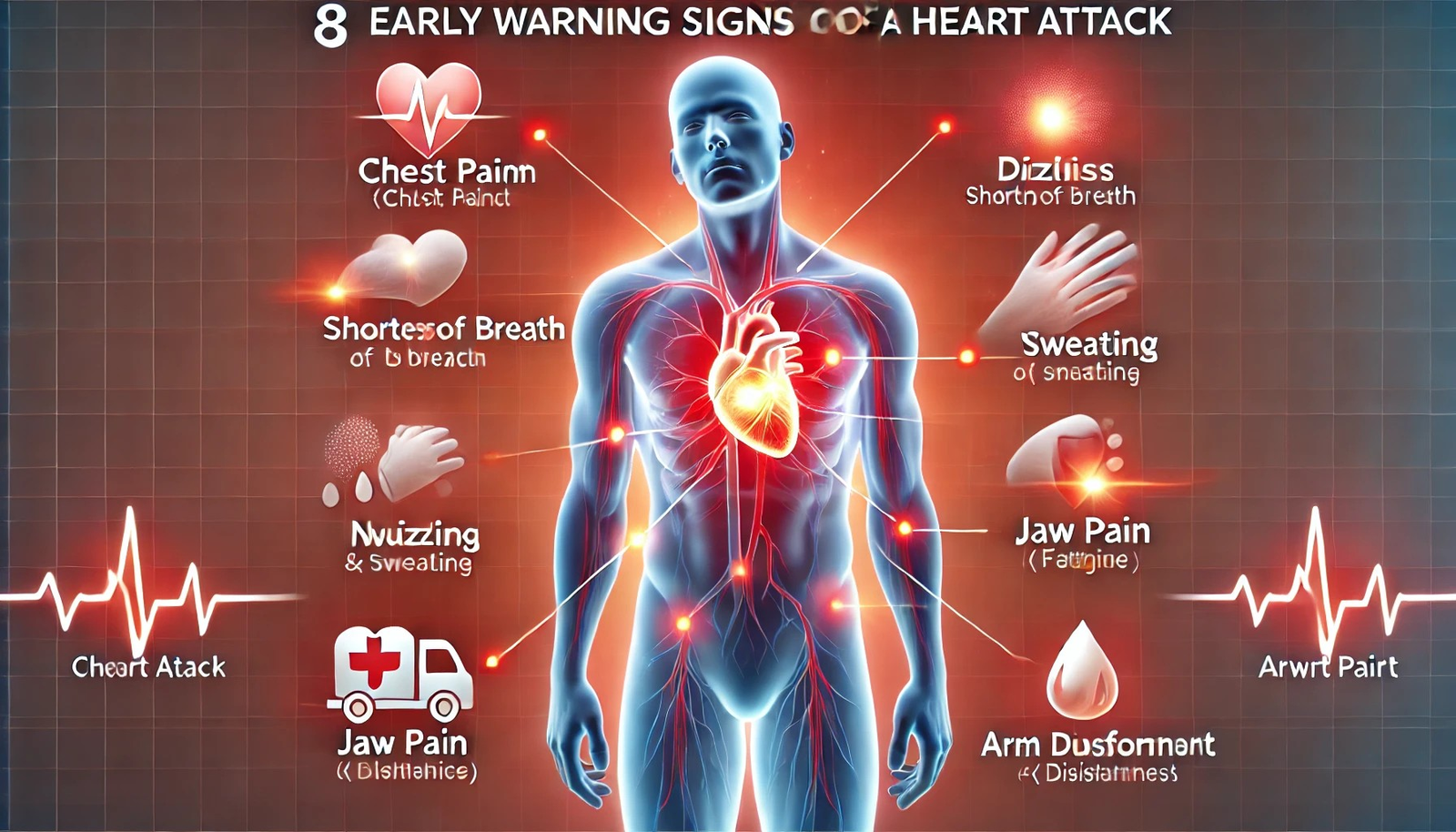 Heart Attack: An infographic highlighting eight early warning signs of a heart attack.