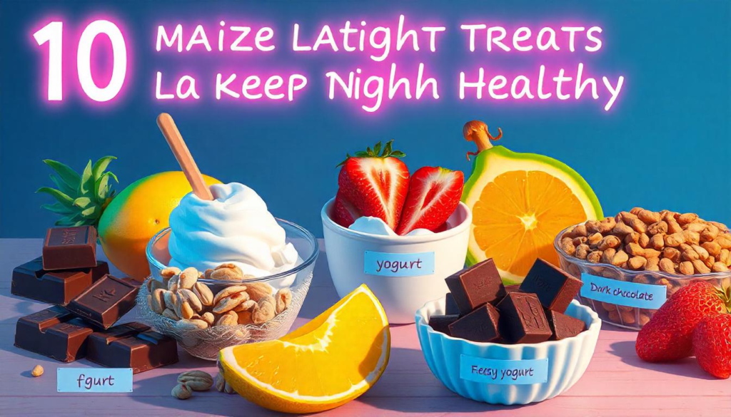 "Illustration of 10 amazing late-night treats to keep you healthy, featuring fruits, nuts, yogurt, dark chocolate, and other nutritious snacks."