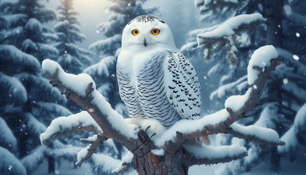 "A Snowy Owl with white plumage and yellow eyes sitting on a snow-covered tree branch in a winter landscape."