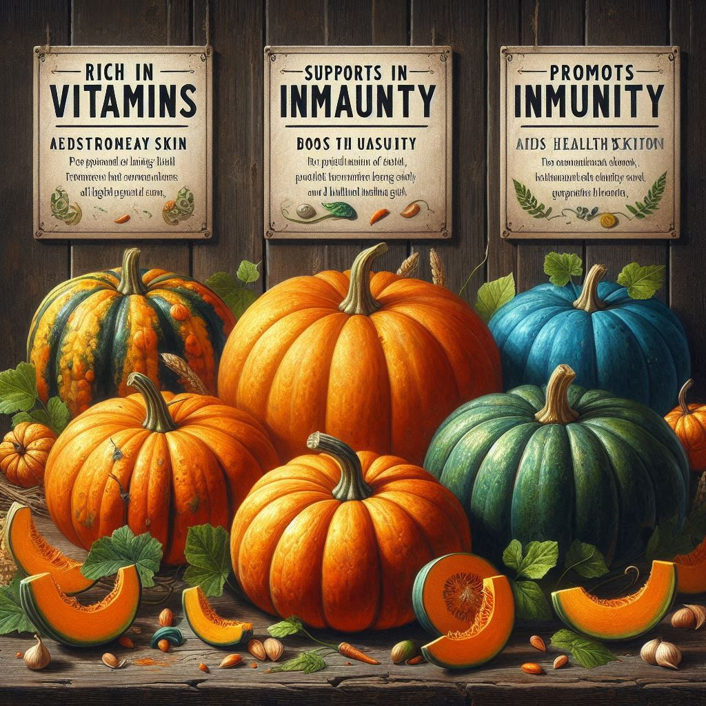 Pumpkin Benefits: A vibrant, visually appealing image illustrating the health benefits of pumpkin, featuring a whole pumpkin, slices of pumpkin, and icons or text highlighting key benefits such as improved digestion, enhanced eye health, immune-boosting properties, antioxidant content, and anti-inflammatory effects.