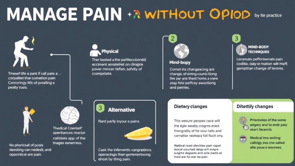 Mainage Pain: A detailed infographic showing the 5 best practices for managing pain without opioids, including visuals and brief descriptions of physical therapy, mind-body techniques, alternative therapies, dietary changes, and medical interventions."

Alt text: "Infographic illustrating the 5 best practices for managing pain without opioids."