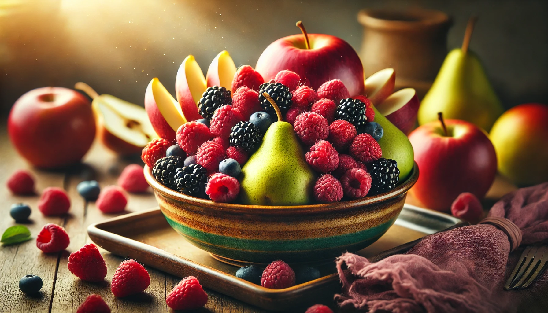 A colorful bowl of mixed high-fiber fruits, including raspberries, blackberries, pears, apples, and bananas, arranged on a wooden table for better gut health."