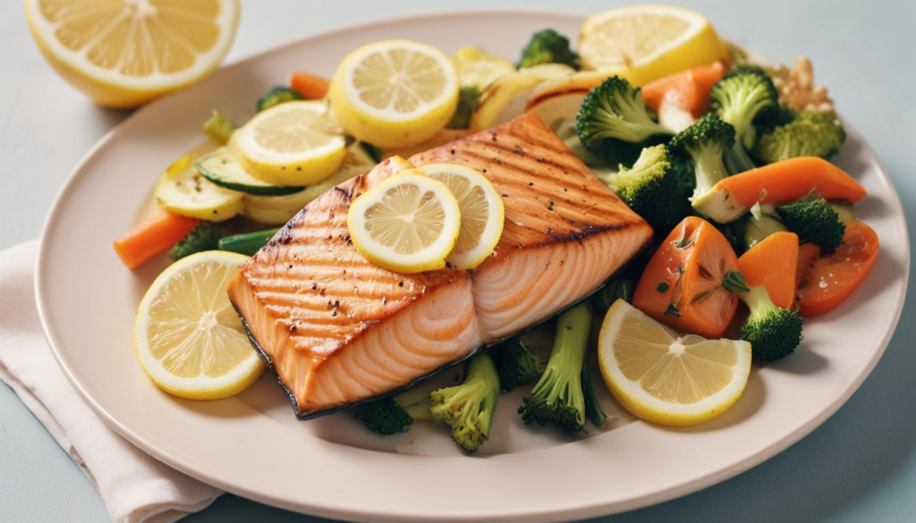 "A vibrant plate of grilled salmon served with steamed vegetables and a slice of lemon, showcasing a Vitamin D3-rich meal."
Alt Text:
"Grilled salmon with vegetables and lemon, a delicious and nutritious Vitamin D3-rich meal."