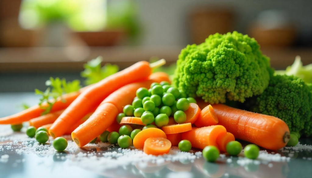 "A vibrant and colorful assortment of frozen vegetables, including broccoli, carrots, peas, and spinach, arranged on a frosty surface with a bright kitchen background, emphasizing their freshness, nutritional value, and sustainability."