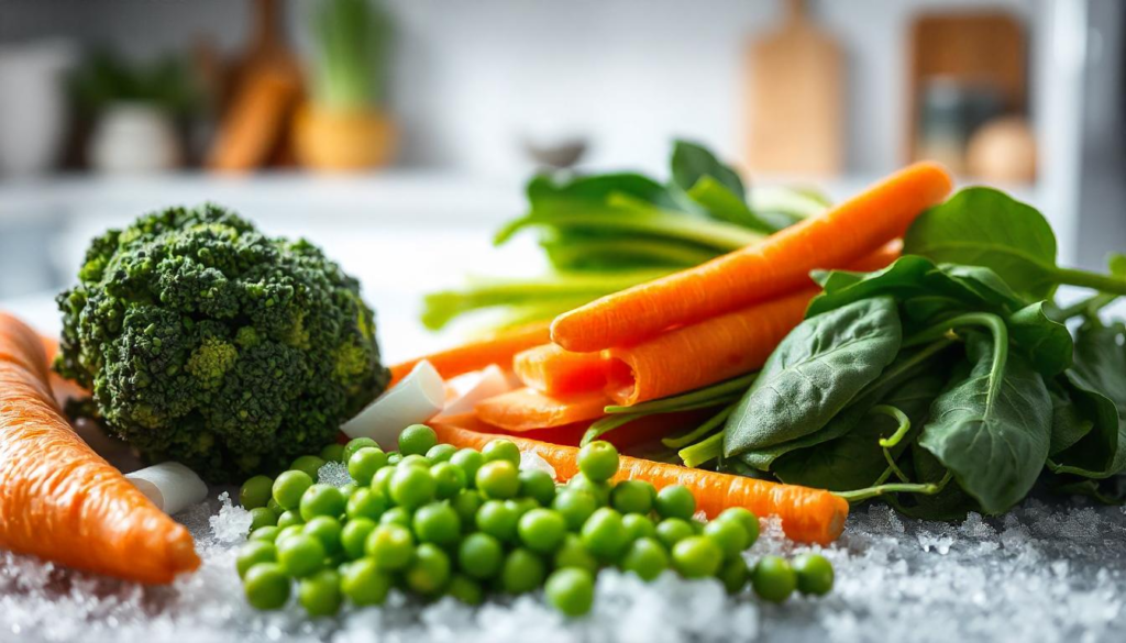 "A vibrant and colorful assortment of frozen vegetables, including broccoli, carrots, peas, and spinach, arranged on a frosty surface with a bright kitchen background, emphasizing their freshness, nutritional value, and sustainability."